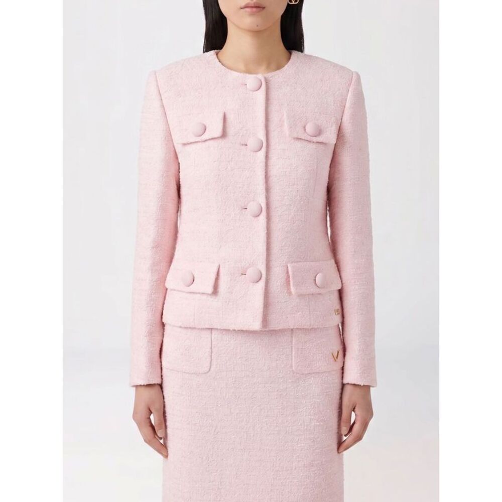 Valentino Garavani Cropped Slim Fit Tweed Blazer With Crew Neck